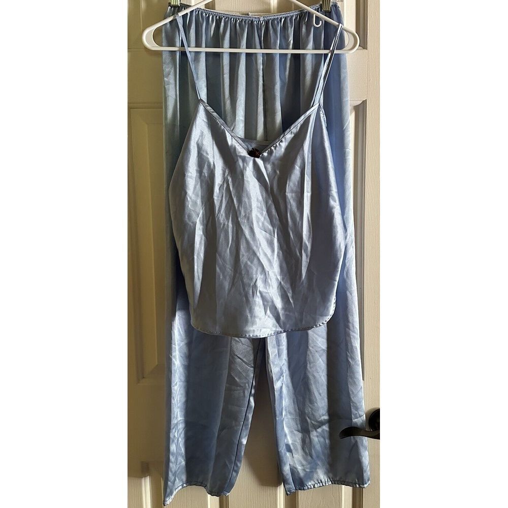 Vintage Petra Fashions Blue 2 pc lingerie Strap Top Pant Pajamas L Made In USA